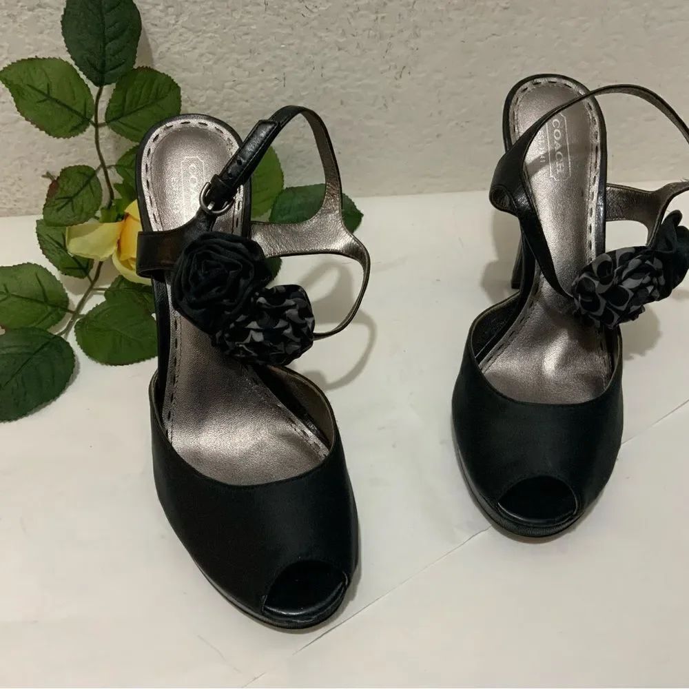 Coach Addysen Black Satin Rosette High Heels Peep Toe Womens Shoes Size 9.5 B